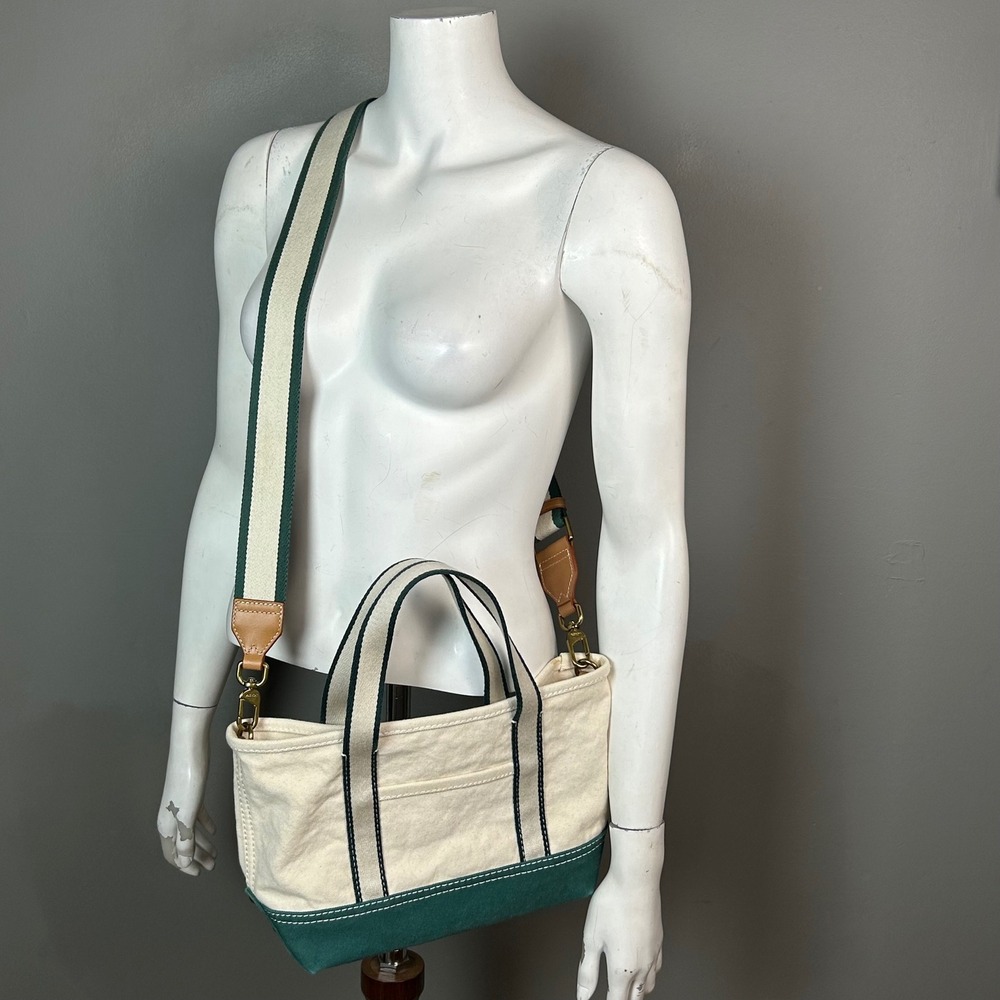J.Crew Mini Montauk Tote Bag Green Natural Canvas Crossbody Preppy New England - Picture 4 of 14